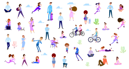 Crowd of tiny women and men active in the park. Flat design style vector graphic illustration various people set.のイラスト素材