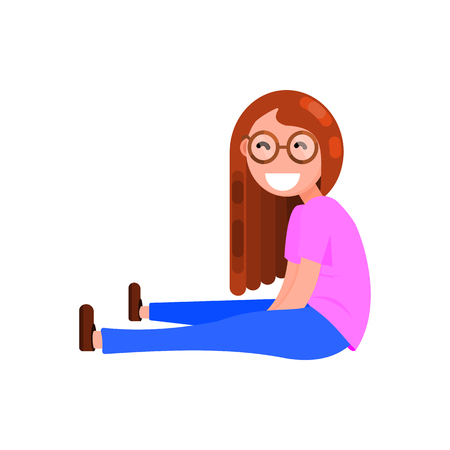 Happy girl sitting on the ground, flat style. On a white backgroundのイラスト素材