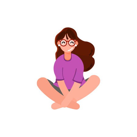 Happy girl sitting on the ground, flat style. On a white backgroundのイラスト素材