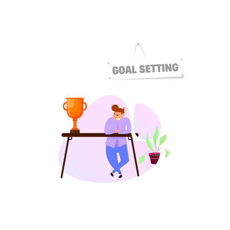 Goal setting Concept. Character flat cartoon style, standing at the table and looking at the cupのイラスト素材