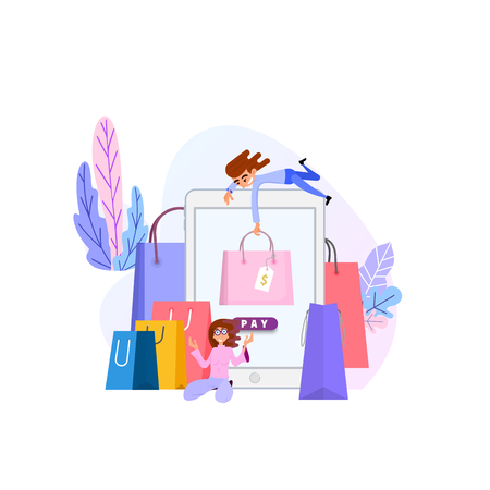 Shopping online concept. Flat design tiny woman and big bagsのイラスト素材