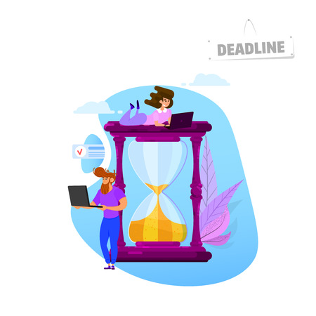 Deadline - concept , tiny people around devices tablet, laptop and hourglassのイラスト素材