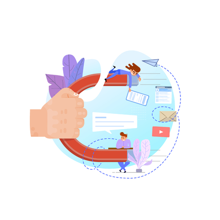 Social media concept. Tiny characters and a huge magnet in hand, flat cartoon style.のイラスト素材
