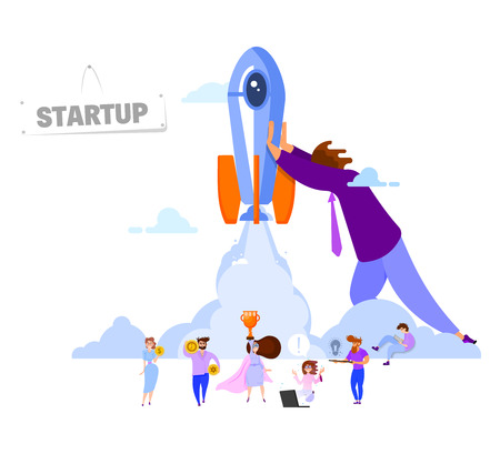 Startup concept. Search for new ideas, teamwork, rocket launch, business project metaphor, tiny people. Isolated objectsのイラスト素材