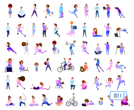 A crowd of tiny people on outdoor activities in the city and in the park. Men and women run and bike. isolated objectsのイラスト素材