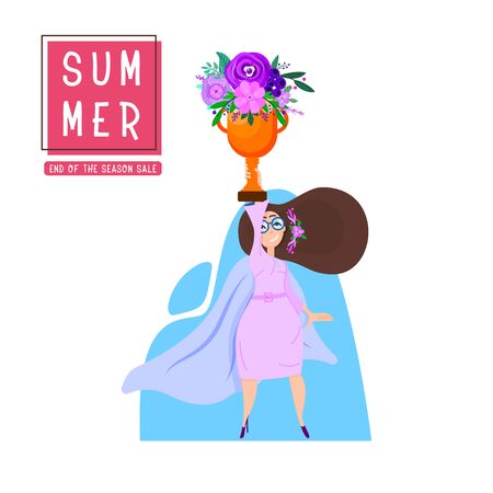 Summer poster - happy girl holds in her raised hand a golden cup with flowers, a pose of a super hero.のイラスト素材