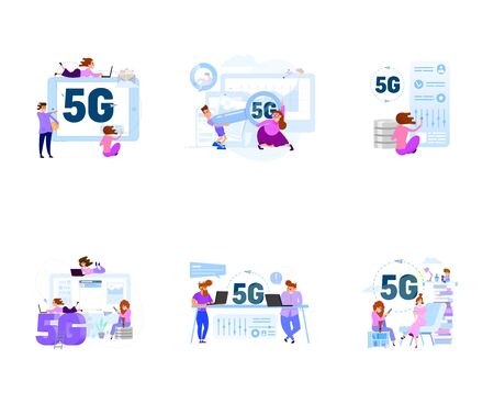 A set of business scenes with tiny men and women in the office for work and with clients.のイラスト素材