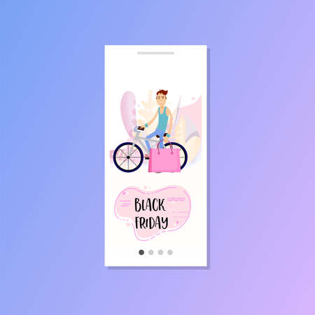Black friday - man on a bike, bought shopping at a saleのイラスト素材
