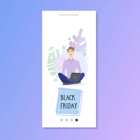 Black friday, online ordering man with laptop in lotus position in the park.のイラスト素材