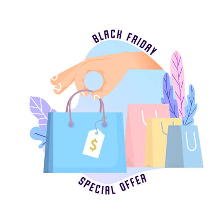 Black Friday sale concept illustration, for the site hand holds a bag with a price tag, against the background of other purchases.のイラスト素材