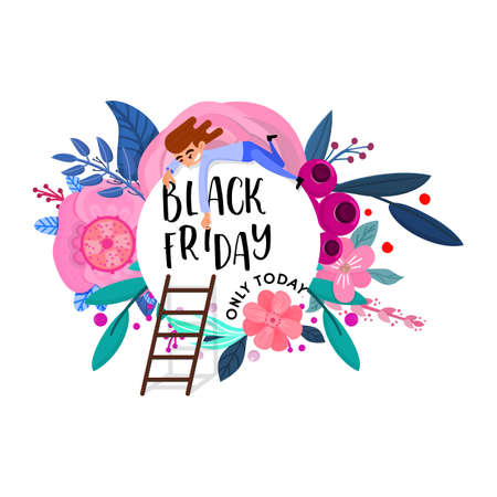 Black friday, floral banner, with character.のイラスト素材