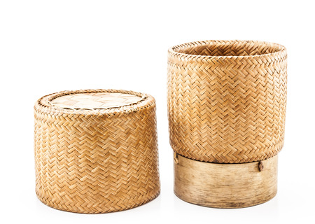 Wooden rice box thai style on white backgroundの写真素材