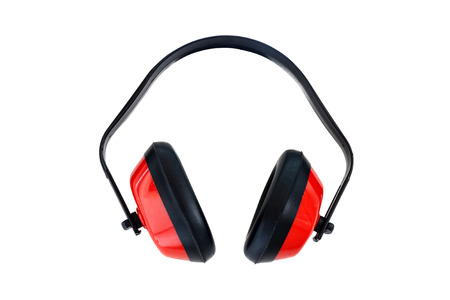 Protective red ear muffs isolated on a white background 