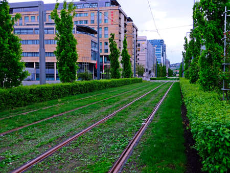 Rails in a green lawn during daytime in Oslo. Oslo tram network consists of six lines and connects parts of the capital with the city center. Oslo, Norway.のeditorial素材