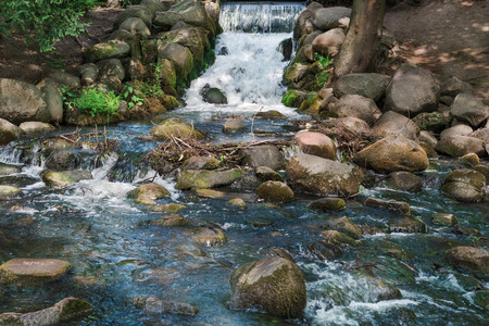 small waterfall with stones and herbsの写真素材