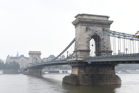 Bridge over the Danube in the fog Budapest Hungarianの写真素材