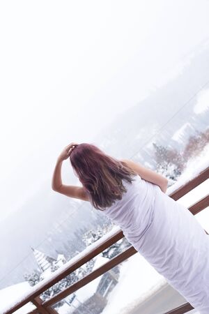 Girl traveler posing on nature background at vocationの写真素材