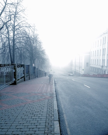 City street in morning fogの素材