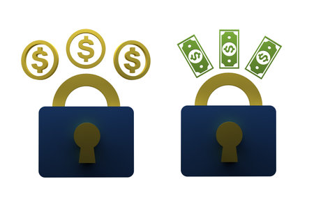 lock with money isolated on white background. 3d render illustrationの写真素材