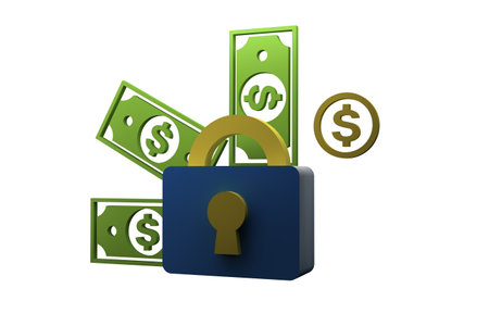 3d illustration of lock over white background with dollar signs and coinsの写真素材