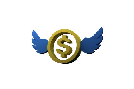 3d dollar symbol with wings on white background. 3d render illustrationの写真素材