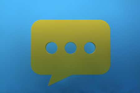3D Illustration of a Yellow Speech Bubble Icon on a Blue Backgroundの写真素材