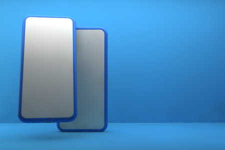 Smartphone blank screen on blue background. 3d render illustration.の写真素材