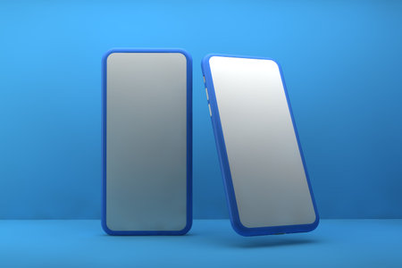 Two smartphones with blank screens on blue background. 3D rendering.の写真素材