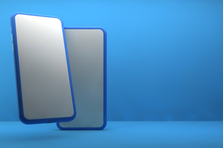 Two smartphones with blank screens on blue background. 3D rendering.の写真素材