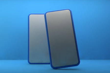 Smartphone with blank screen on blue background. 3d render illustrationの写真素材