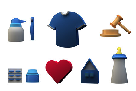Help, legal services, housing, clothing, goods for children, hygiene, food, medicines. 3d render illustration icon setの写真素材