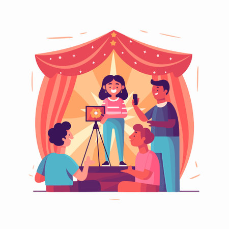 Cinema concept vector illustration. Flat cartoon style design. Couple of actors on stage.のイラスト素材