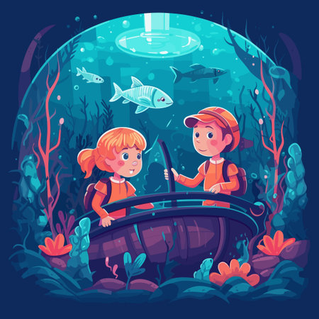Cute children playing in underwater world cartoon vector illustration. Boy and girl exploring the ship.のイラスト素材