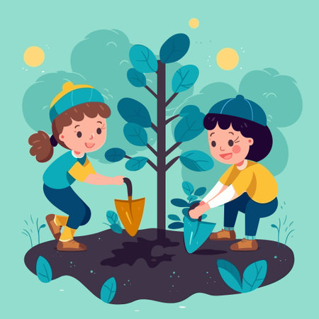 Cute little boy and girl planting a tree. Vector illustration.のイラスト素材