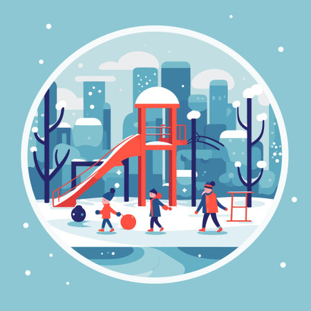 Children playing on playground in winter. Vector illustration in flat style.のイラスト素材