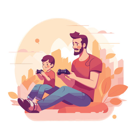 Father and son playing video games together in the park. Vector illustrationの写真素材