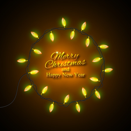 Merry Christmas And Happy New Year. Round frame with glowing lights, garlands.のイラスト素材
