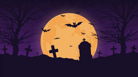 Halloween night background. Scary cemetery and full moon. Vector banner EPS10のイラスト素材