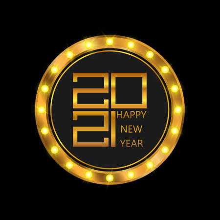 Happy New Year poster. Golden 2021 logo. Shining retro light banner. Vector illustrationのイラスト素材