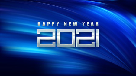 2021 New Year card. Silver number 2021. Blue background with waves. Vector illustration