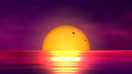 Colorful sunset over ocean. Vector illustrationのイラスト素材