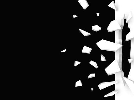 Wall explosion fragment. Breaking white wall. Black and white vector illustration.のイラスト素材