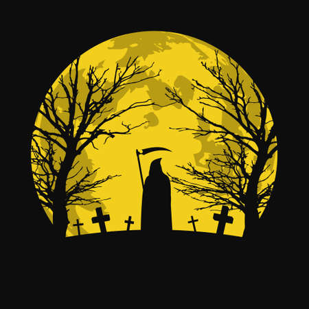 Halloween background with graveyard. Silhouette of death with scythe. Vector illustration EPS10のイラスト素材