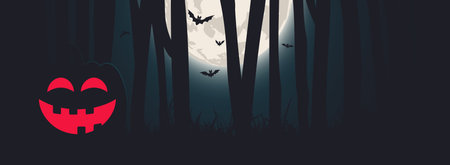 Halloween night banner with full moon, pumpkin and forest. Vector designのイラスト素材