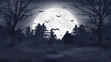 Halloween night background. Scary cemetery and full moon.のイラスト素材