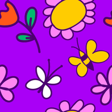 Seamless pattern with flowers. kid drawing. Summer vector backgroundのイラスト素材