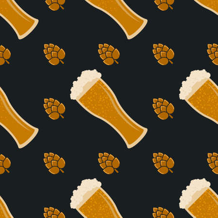 Seamless pattern with beer glass and hops. Vector backgroundのイラスト素材