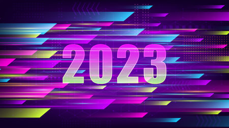 2023 new year background. neon colors. Abstract technology banner.
