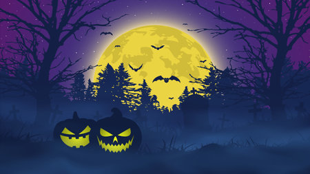 Halloween night background. Scary cemetery and full moon. Vector banner EPS10のイラスト素材