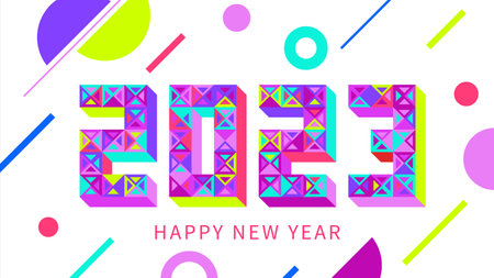 Happy New Year banner. 2023 isometric numbers. Colorful geometric pattern. Abstract vector backgroundのイラスト素材